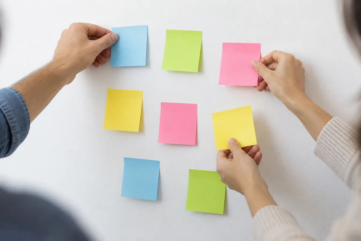 Deux personnes déplacent des post-it de couleur sur un mur blanc pendant un atelier de cadrage
