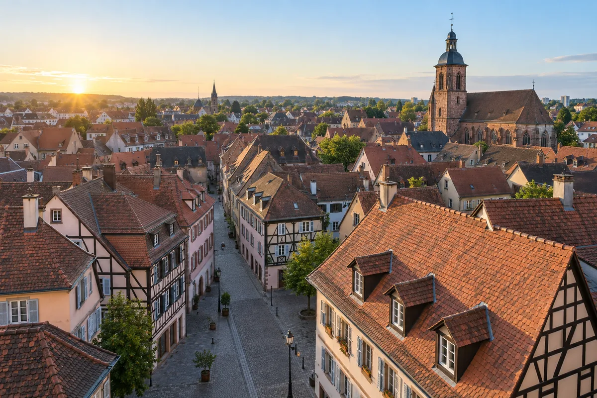 Toits de Haguenau et maisons à colombages sous un ciel dégagé