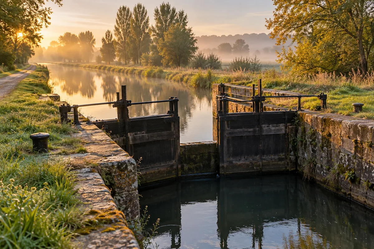 Écluse ancienne aux portes en bois sur un canal alsacien désert