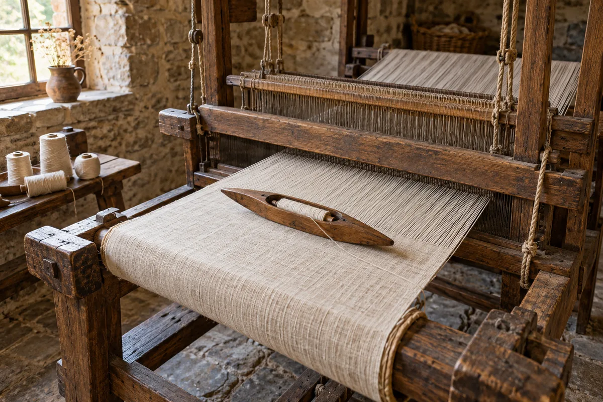 Métier à tisser ancien aux fils de lin tendus