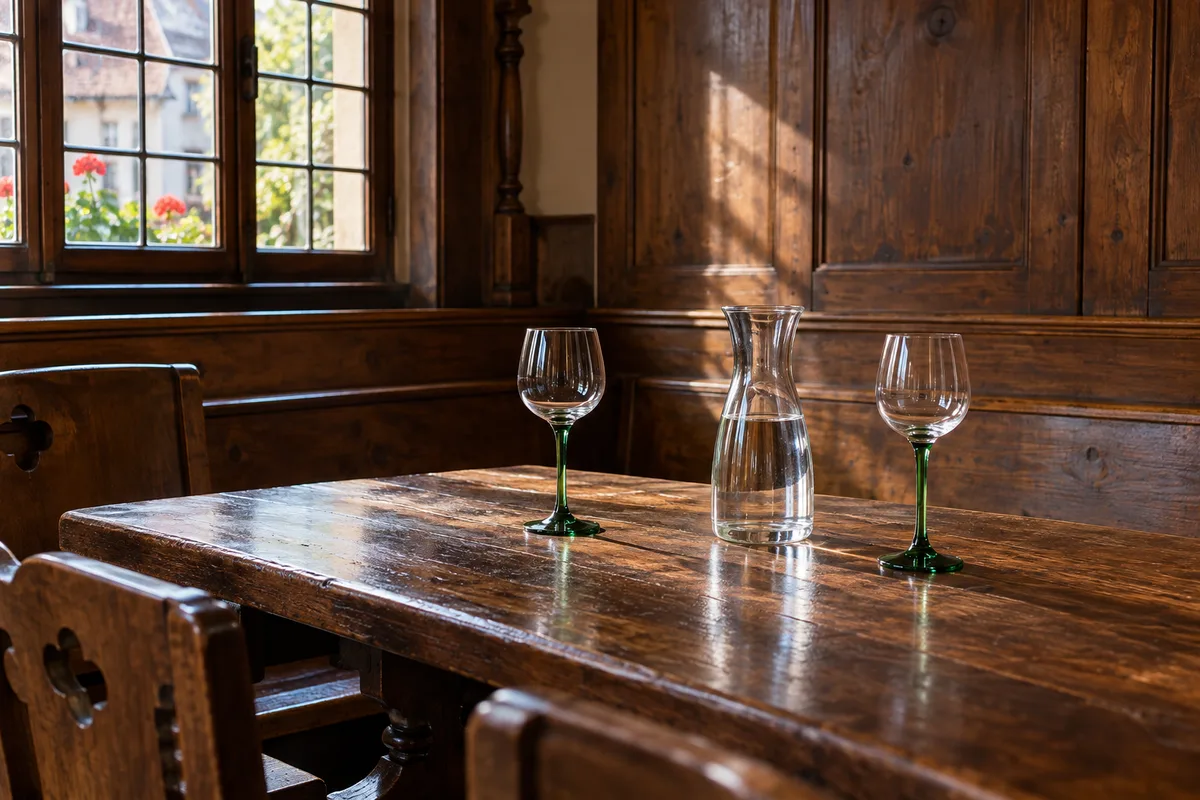 Deux verres à vin au pied vert et une carafe sur une table de winstub