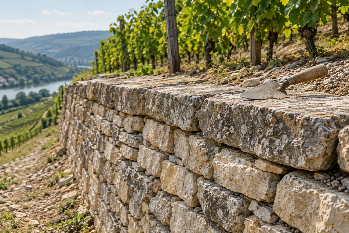 Muret en pierres sèches aux assises régulières au pied d&rsquo;une vigne en terrasse, une truelle posée sur le couronnement