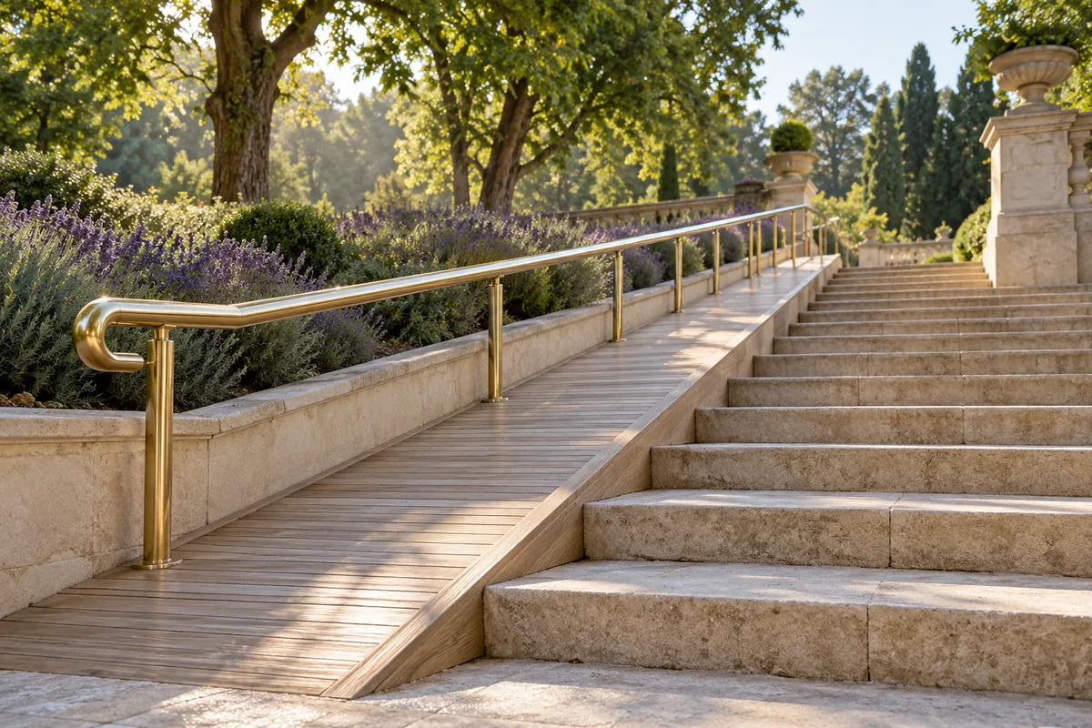 Rampe en bois clair à main courante en laiton longeant un escalier en pierre dans un parc désert