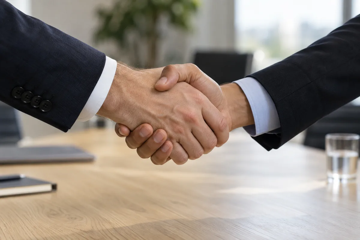 Poignée de main entre deux personnes au-dessus d&rsquo;une table de réunion, cadrage serré sur les mains