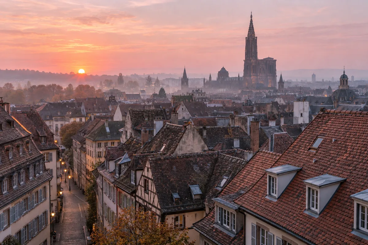 Toits de Strasbourg et flèche de la cathédrale au petit matin sous un ciel rosé