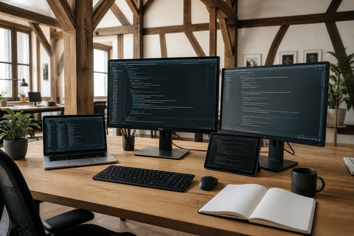 Poste de travail de développeur avec plusieurs écrans affichant du code
