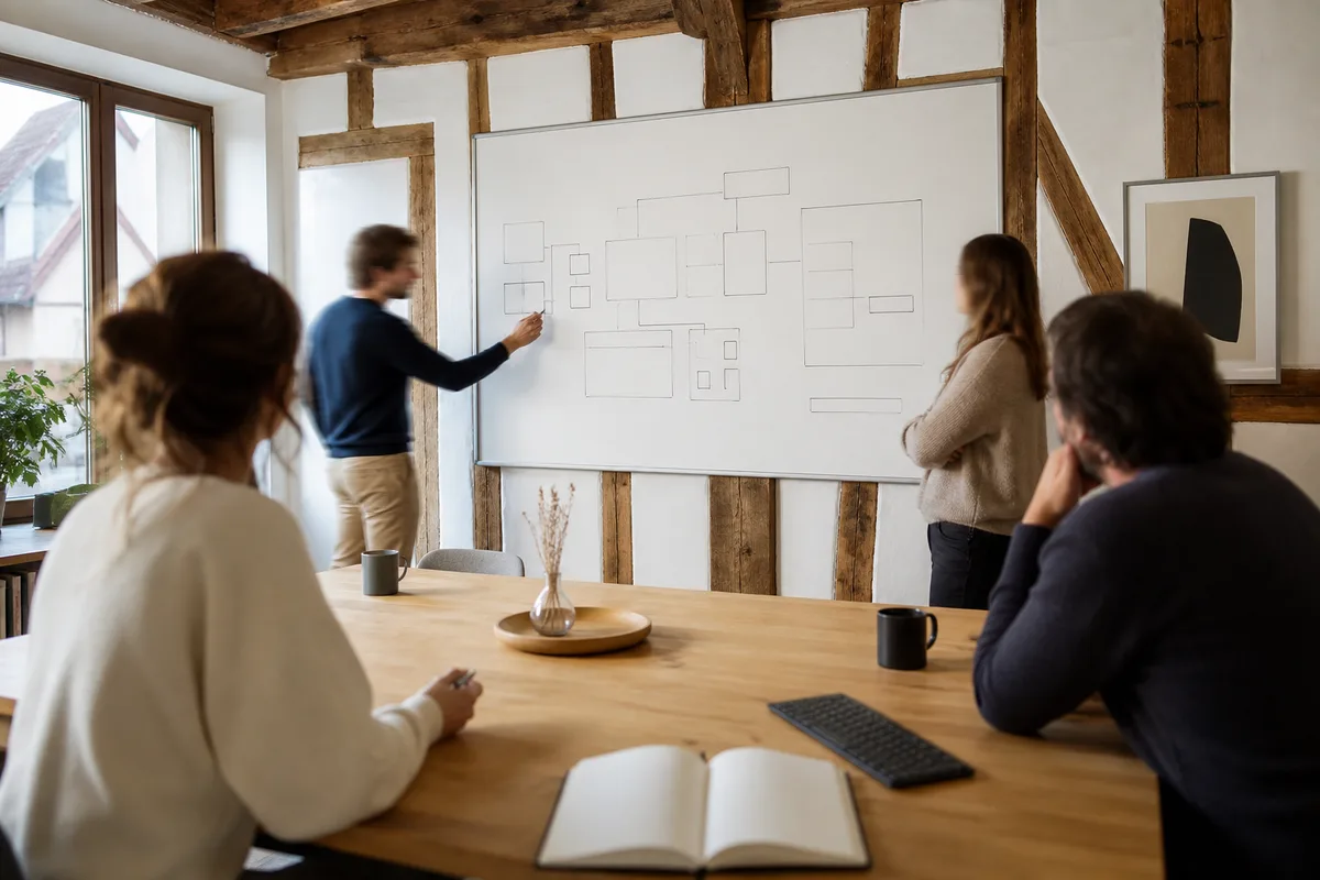 Réunion de projet numérique avec un plan de site affiché sur un tableau blanc