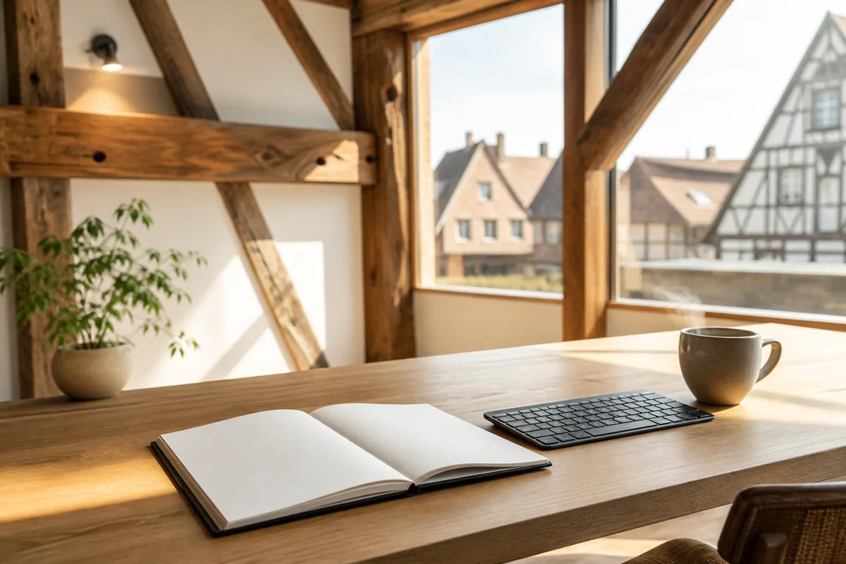 Écran d'ordinateur portable affichant une maquette de site web, posé sur un plan de travail en bois clair