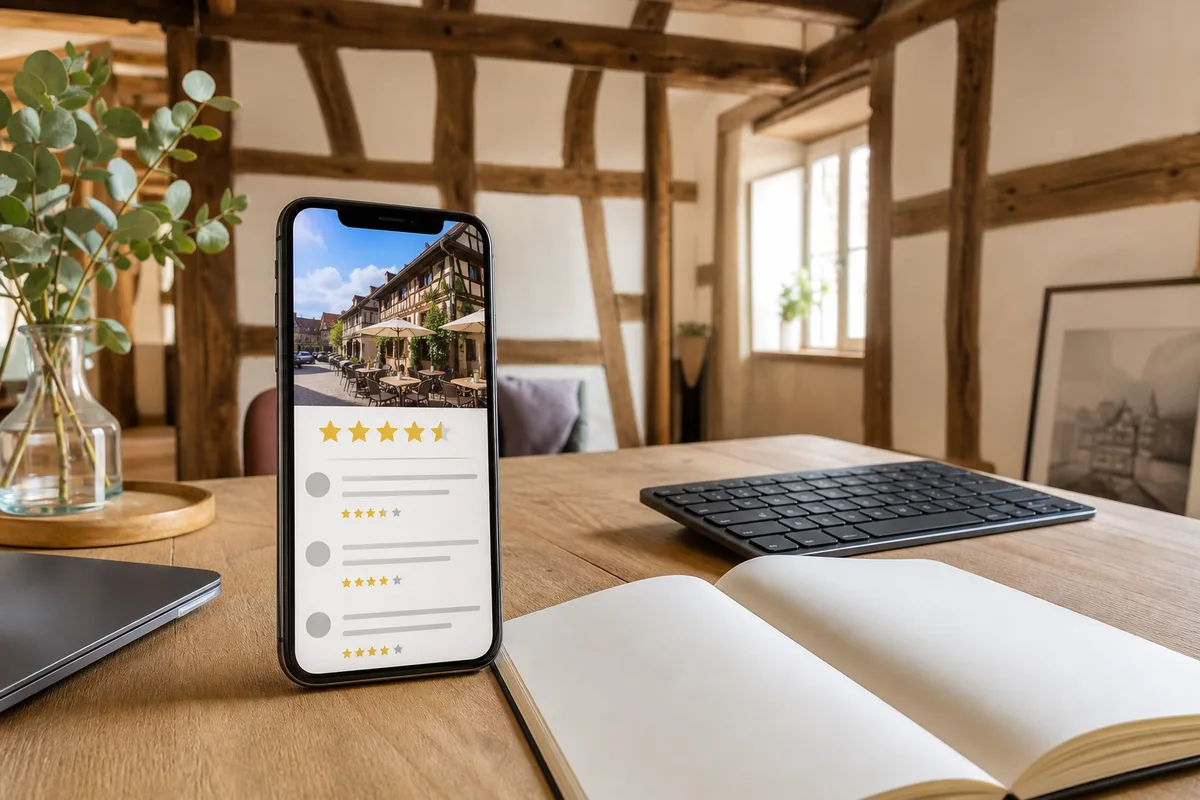Écran de téléphone affichant la fiche d&rsquo;un établissement local avec ses avis