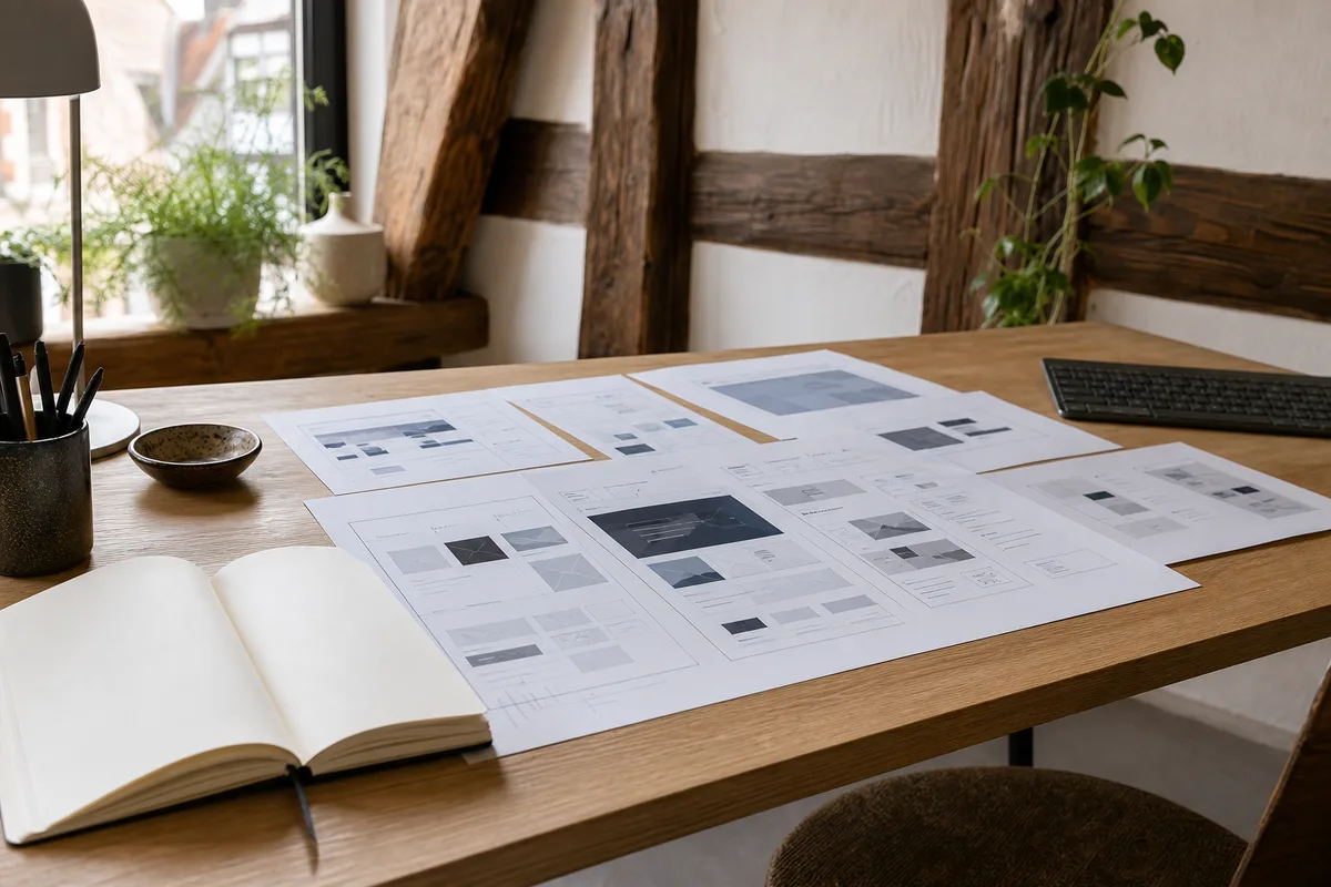 Planche de maquettes graphiques annotées pour un site vitrine d&rsquo;entreprise
